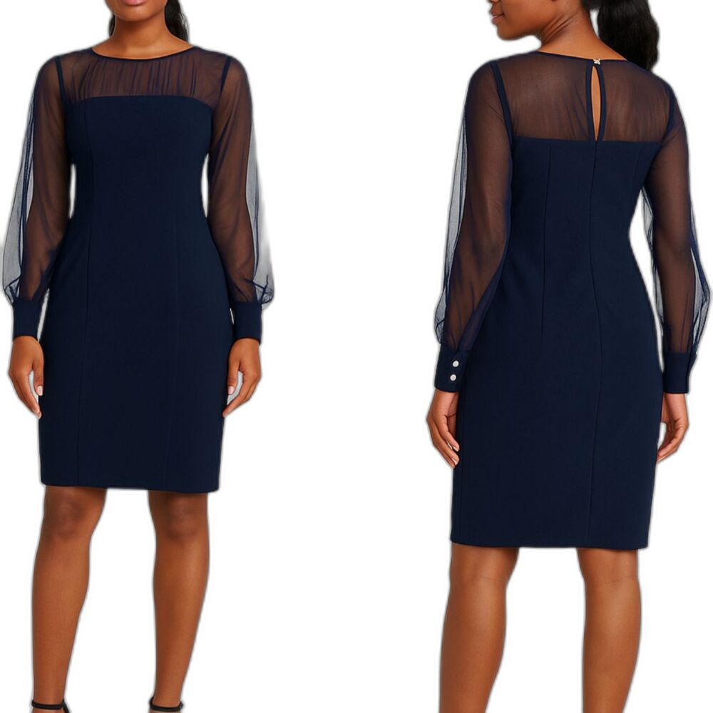 Maggy London Women's Illusion Sheath Dress Navy Size 2 Long Sleeve Cuff